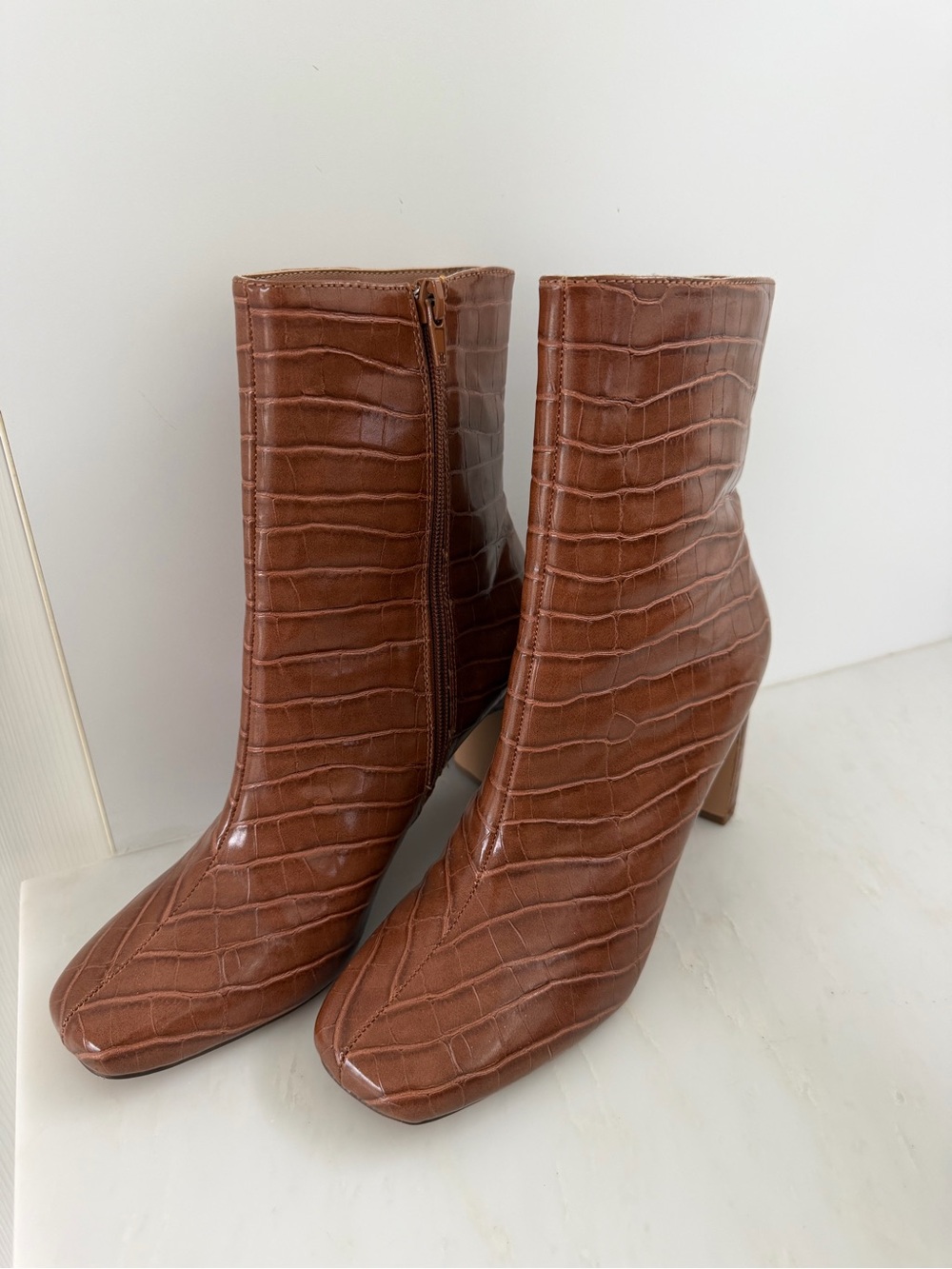 Forever 21 Faux Croc Block Heel Ankle Boots - Cognac Brown